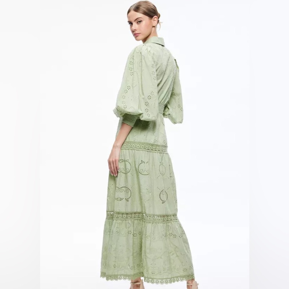 NWT alice + olivia LILLY COLLARED EYELET MAXI DRESS in green tea. Size 2 - Picture 2 of 11